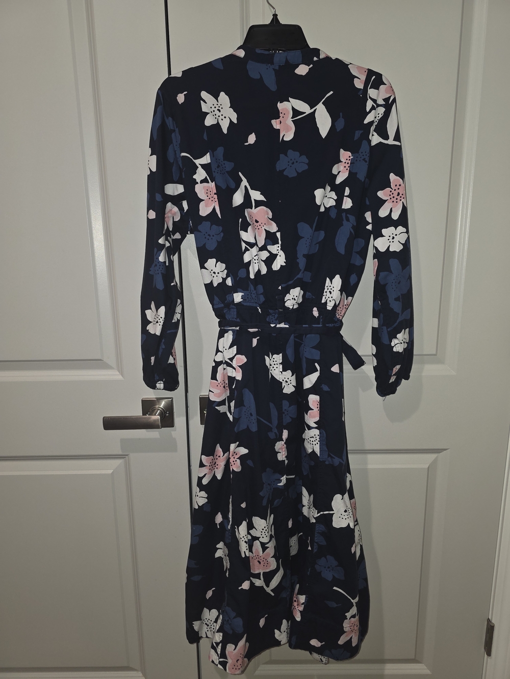 Navy Floral Long-Sleeve Midi Dress with Tie Waist